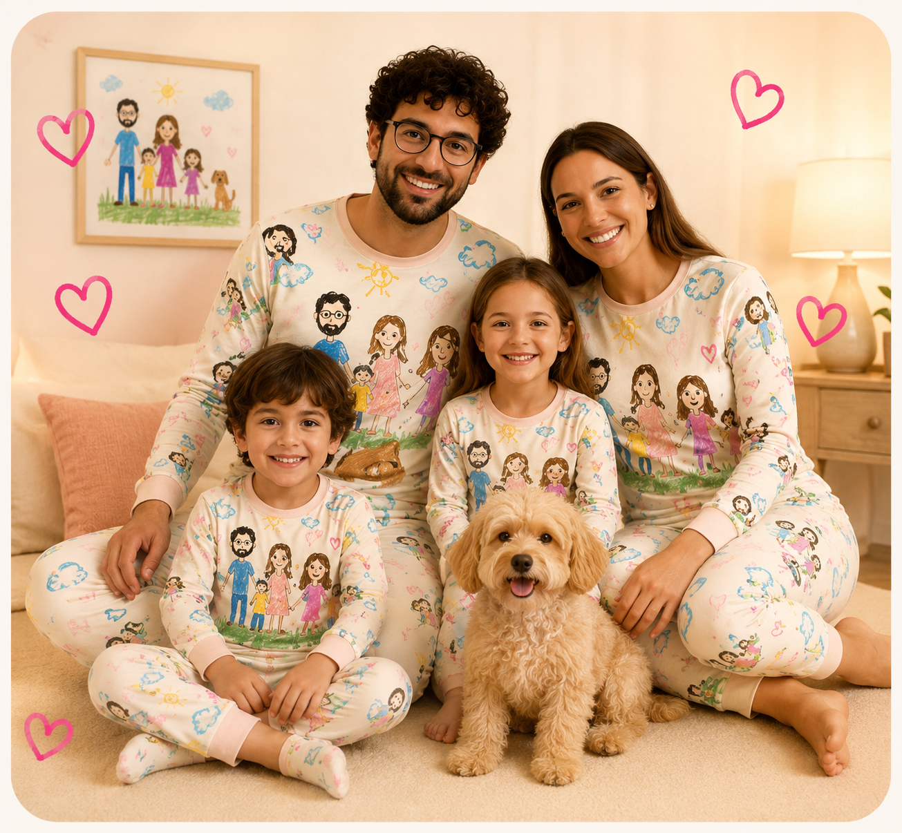 Familie in passenden Pyjamas mit Zeichnungsmuster